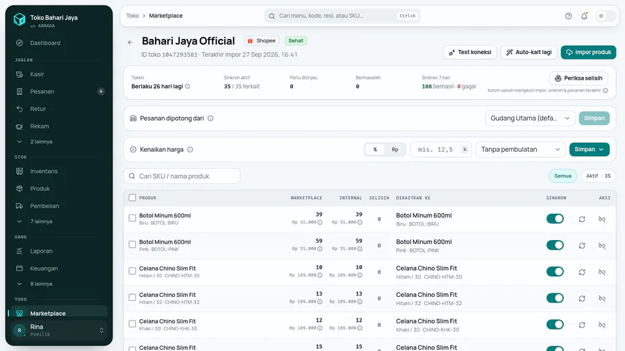 Marketplace · stok sama di semua toko