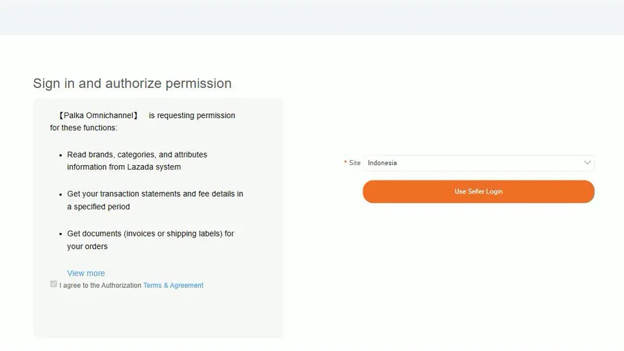 Lazada Open Platform: izin yang diminta Palka, Site Indonesia, tombol Use Seller Login.
