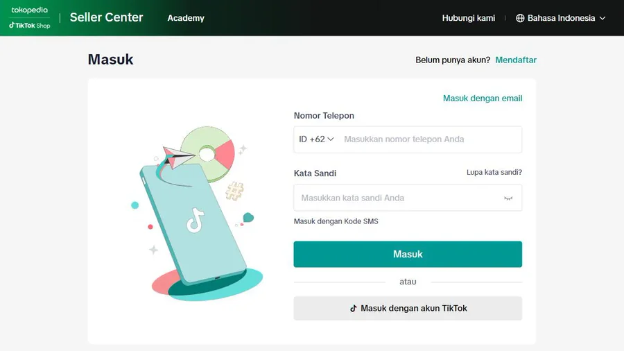 Seller Center Tokopedia & TikTok Shop: halaman Masuk, form nomor HP dan kata sandi.