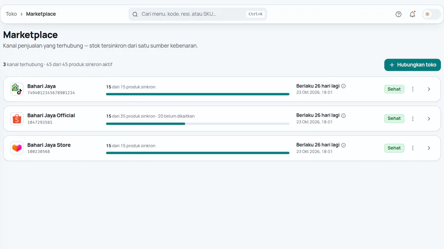 Baris toko: status Sehat dan jumlah produk yang masuk.
