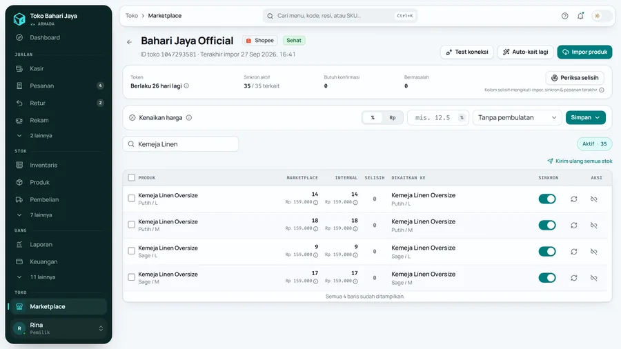 Sekitar semenit kemudian, setelah dimuat ulang: kembali di Aktif, Marketplace sama dengan Internal, selisih 0.
