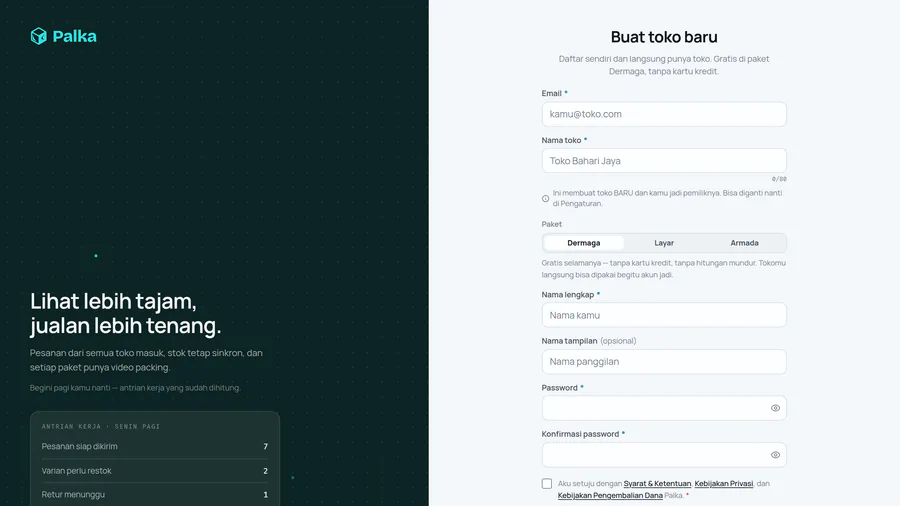 Formulir Buat toko baru: email dan nama toko paling atas.