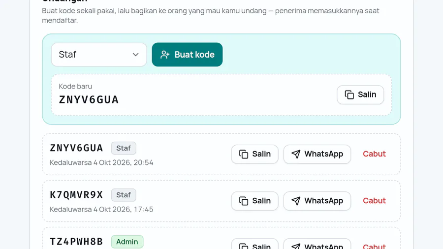 Baris undangan: kirim lewat WhatsApp atau salin kodenya.
