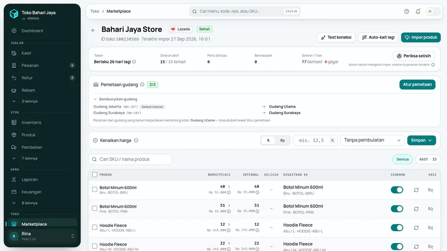 Kartu Pemetaan gudang di toko Lazada: gudang Lazada dan gudang Palka berpasangan.