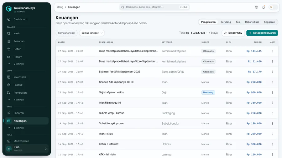 Biaya marketplace dan fee QRIS masuk sendiri dengan tanda Otomatis.