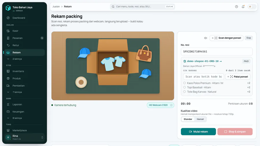 Resi terisi: kartu pesanan muncul dengan isi paketnya