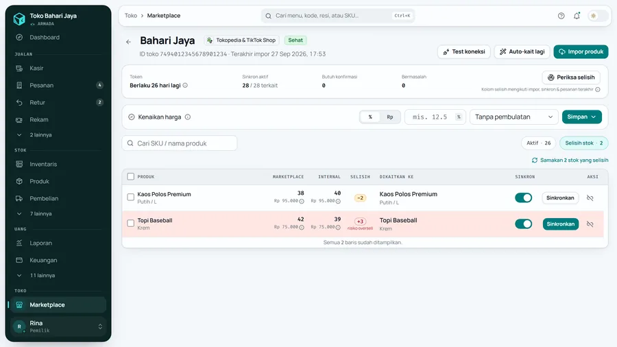 Tab Selisih stok aktif; di kanan atas ada tombol Periksa selisih.