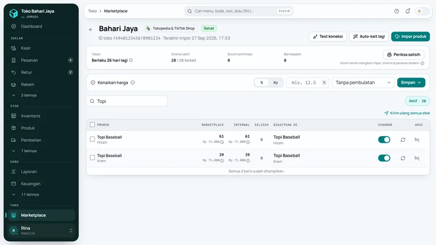 Setelah terkirim: kembali di Aktif, angka Marketplace sama dengan Internal, selisih 0.
