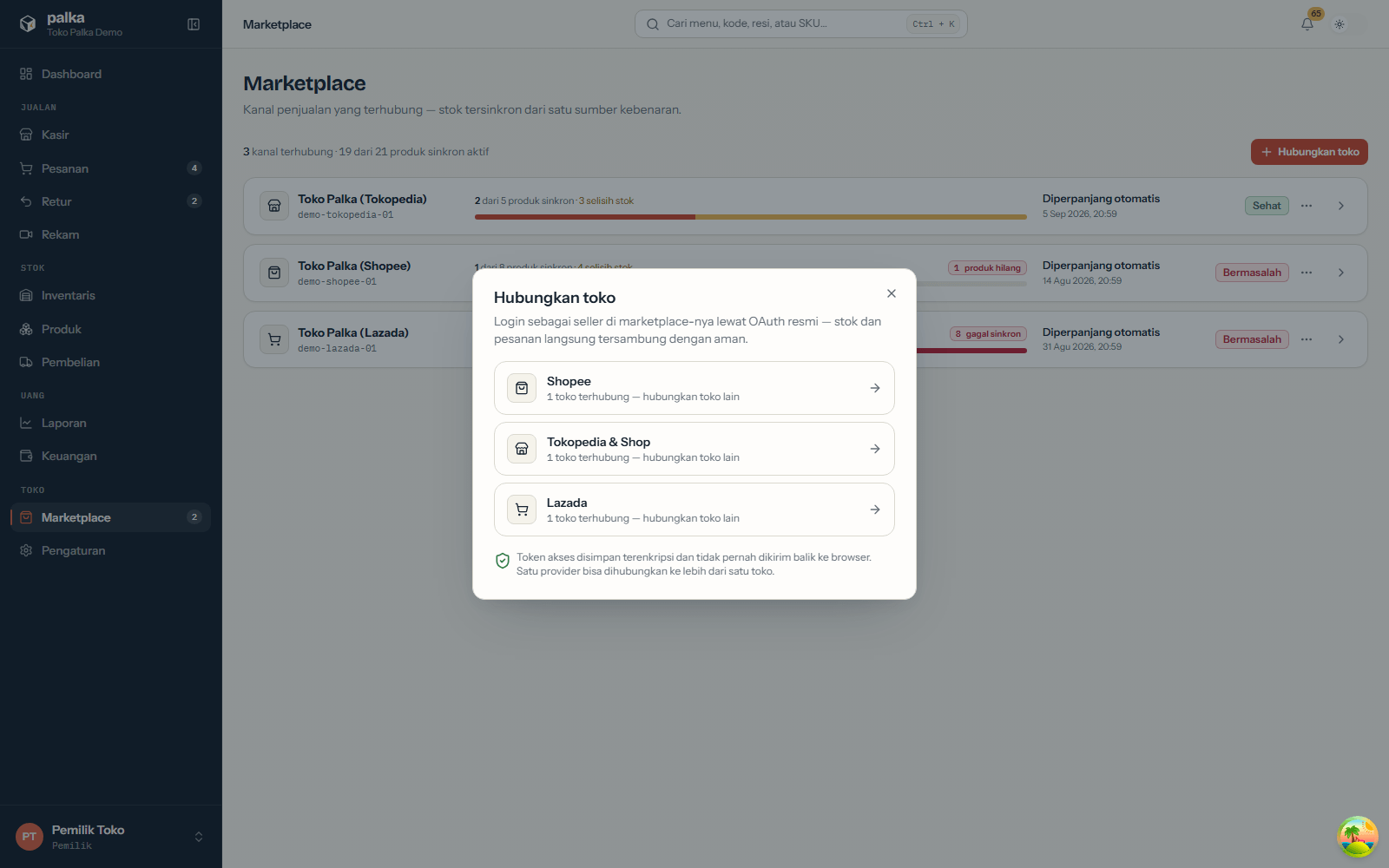 Modal pilih marketplace di halaman Marketplace.