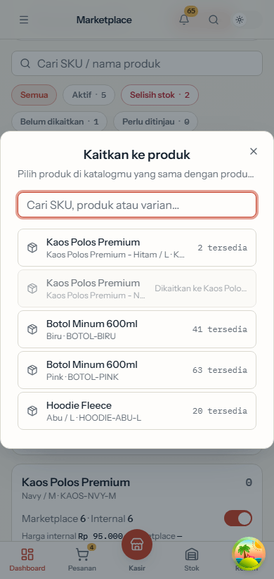 Picker varian saat mengaitkan produk marketplace.